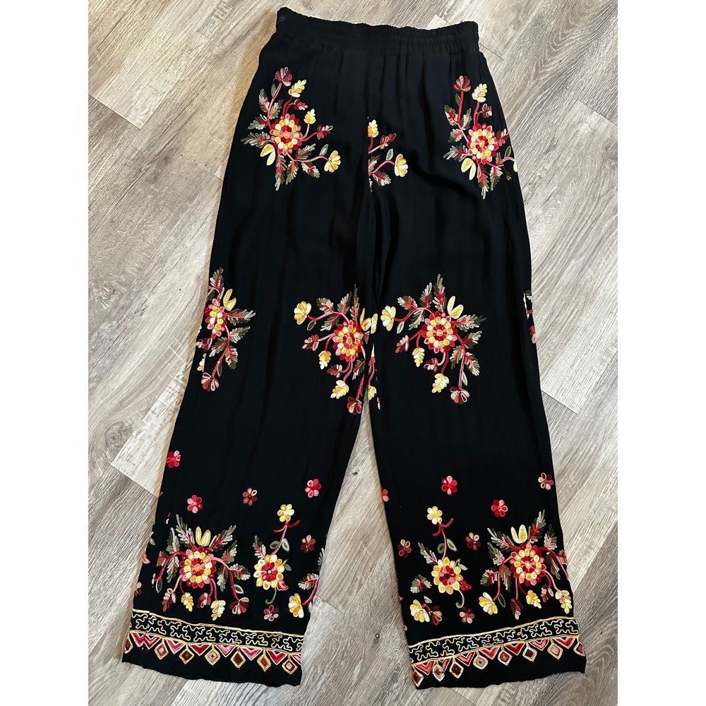 Liv Los Angeles Black Floral Embroidered Wide Leg Boho Pants Medium